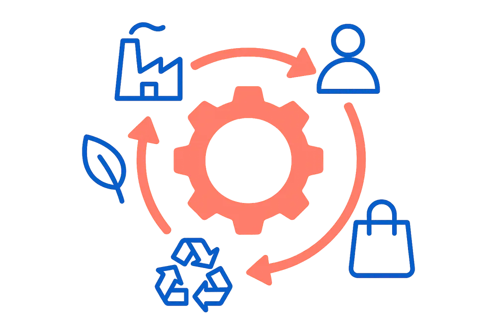 Illustration of the value chain serving the circular economy: production, use and recycling linked in a loop