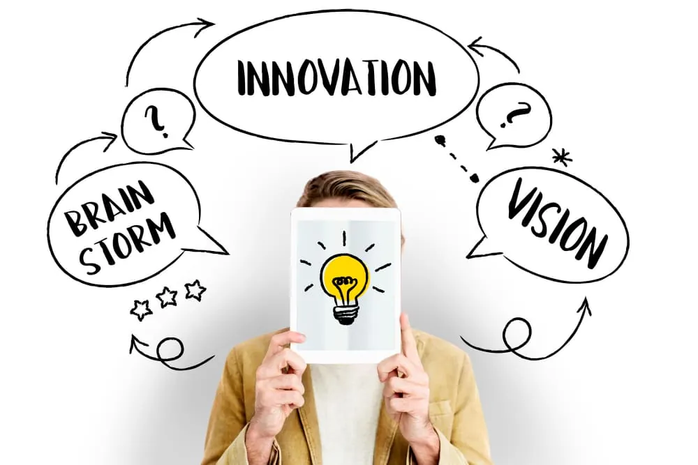 A person holding a tablet showing a light bulb, surrounded by the words innovation, brainstorm and vision