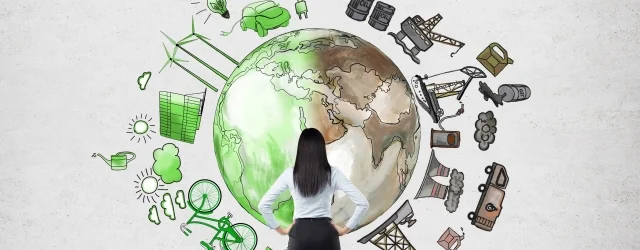 Economy, circular, sustainable: a woman facing a globe that is half green, half polluted