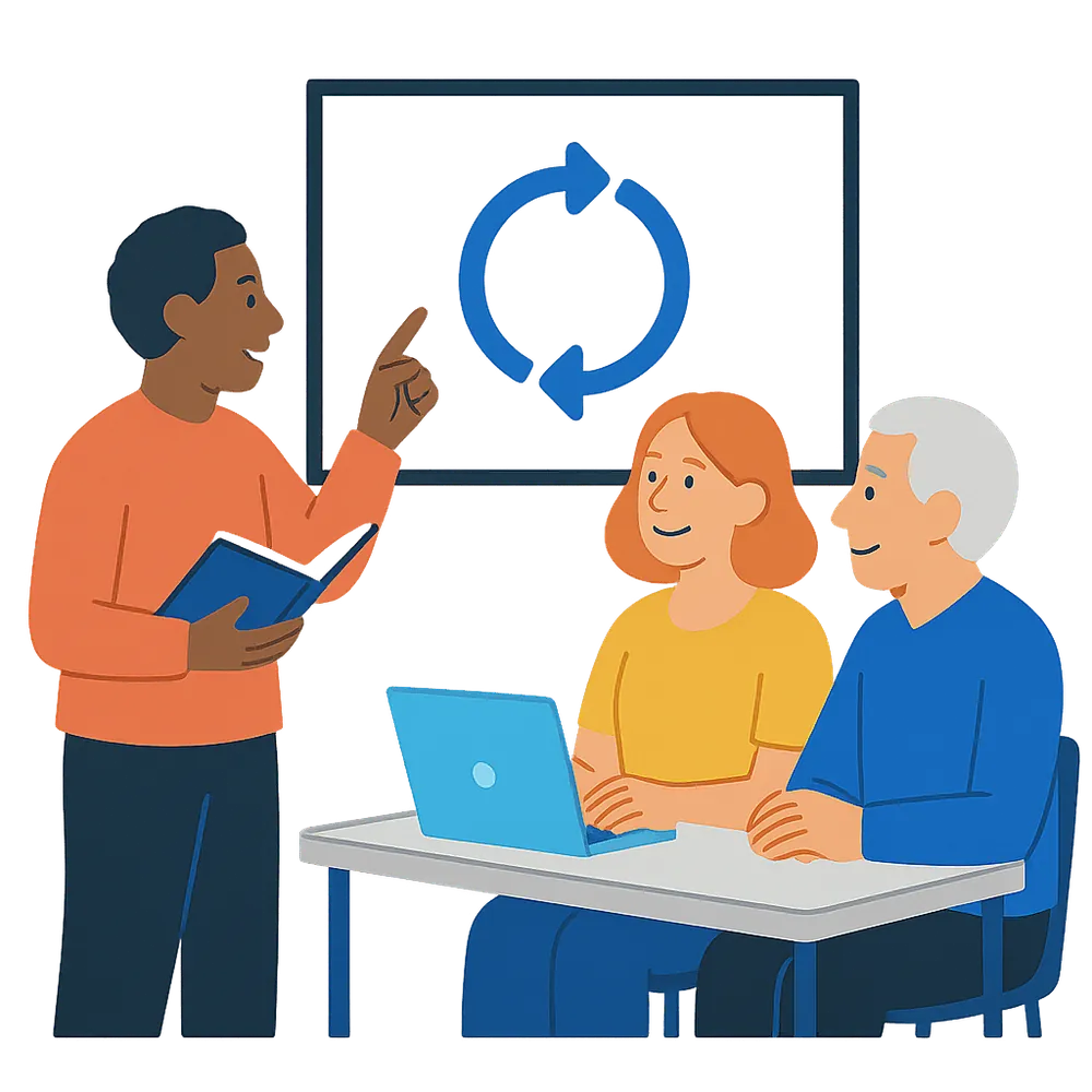 Three people talking around a table with a laptop, in front of a board showing a circular loop symbol