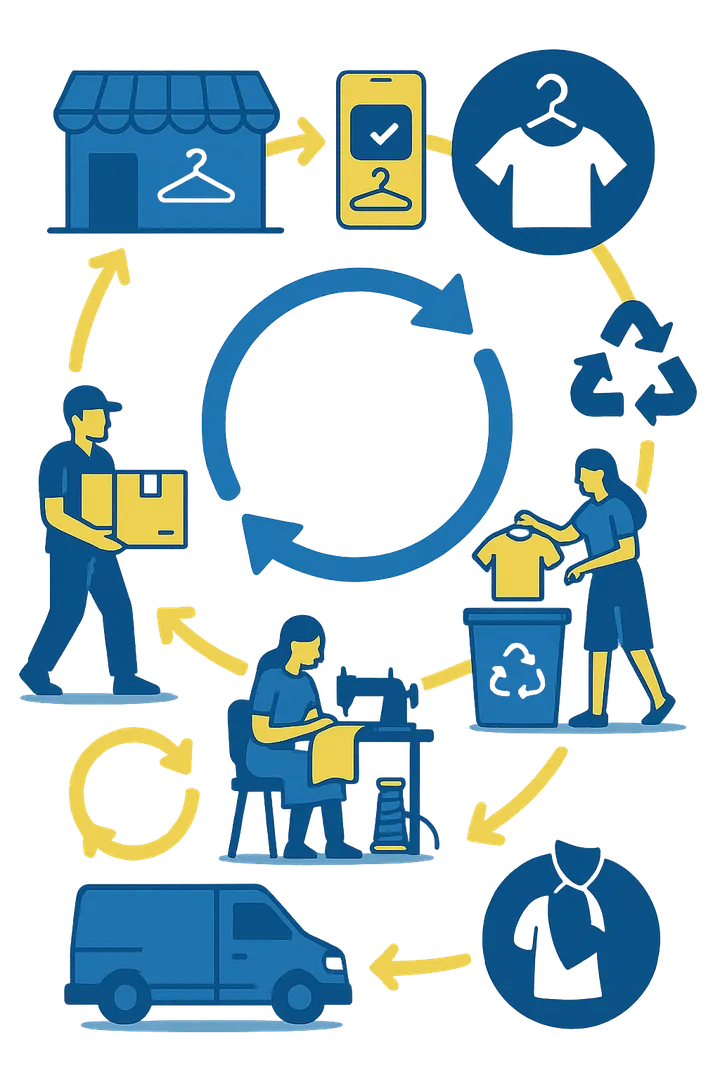Circular loop of the textile industry: sales, second hand, repair, recycling and transport of clothes