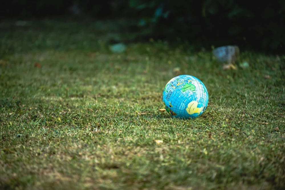 A small globe resting on the grass